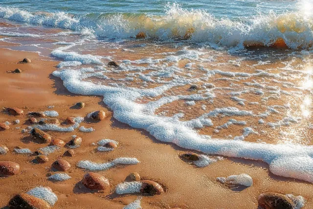 Gentle ocean waves roll onto a sandy beach, with scattered pebbles and bright sunlight reflecting on the water.