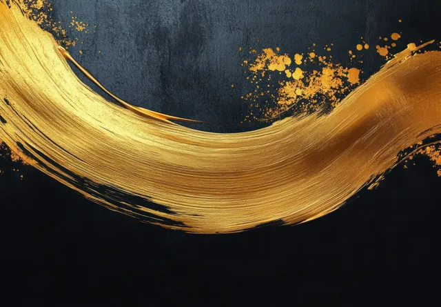 Gold brushstroke ink arc sweeps across a dark textured background with glittering gold speckles.