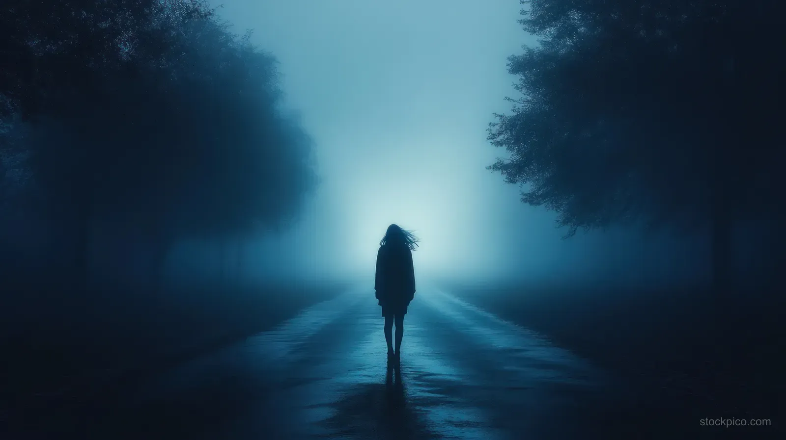 A lone silhouette walks down a wet foggy road lined with dark trees under blue twilight light.