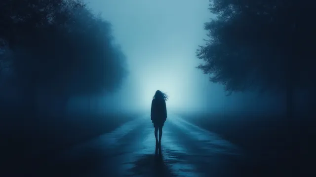 A lone silhouette walks down a wet foggy road lined with dark trees under blue twilight light.