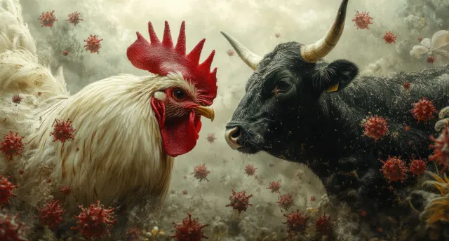 A chicken and a cow face each other while red virus particles float over a cloudy farm field.