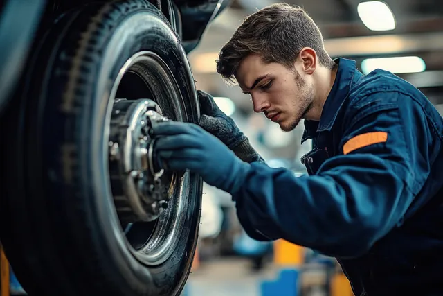 Gloved mechanic tightening a large vehicle tire hardware on a wheel in an indoor workshop.