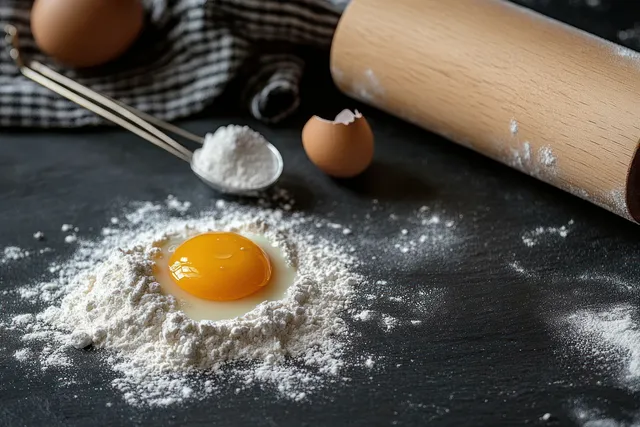 Overhead view of a cracked egg in flour with a wooden rolling pin on a dark countertop.