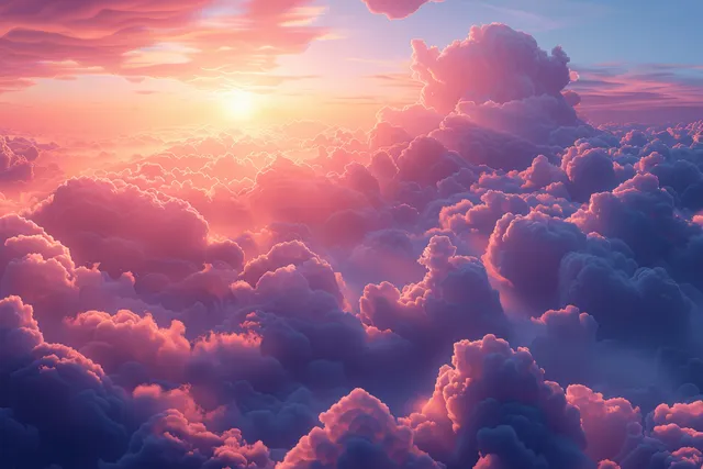 Sunrise shines through layered cloud tops from a high aerial viewpoint with warm sunlight rays across the sky.