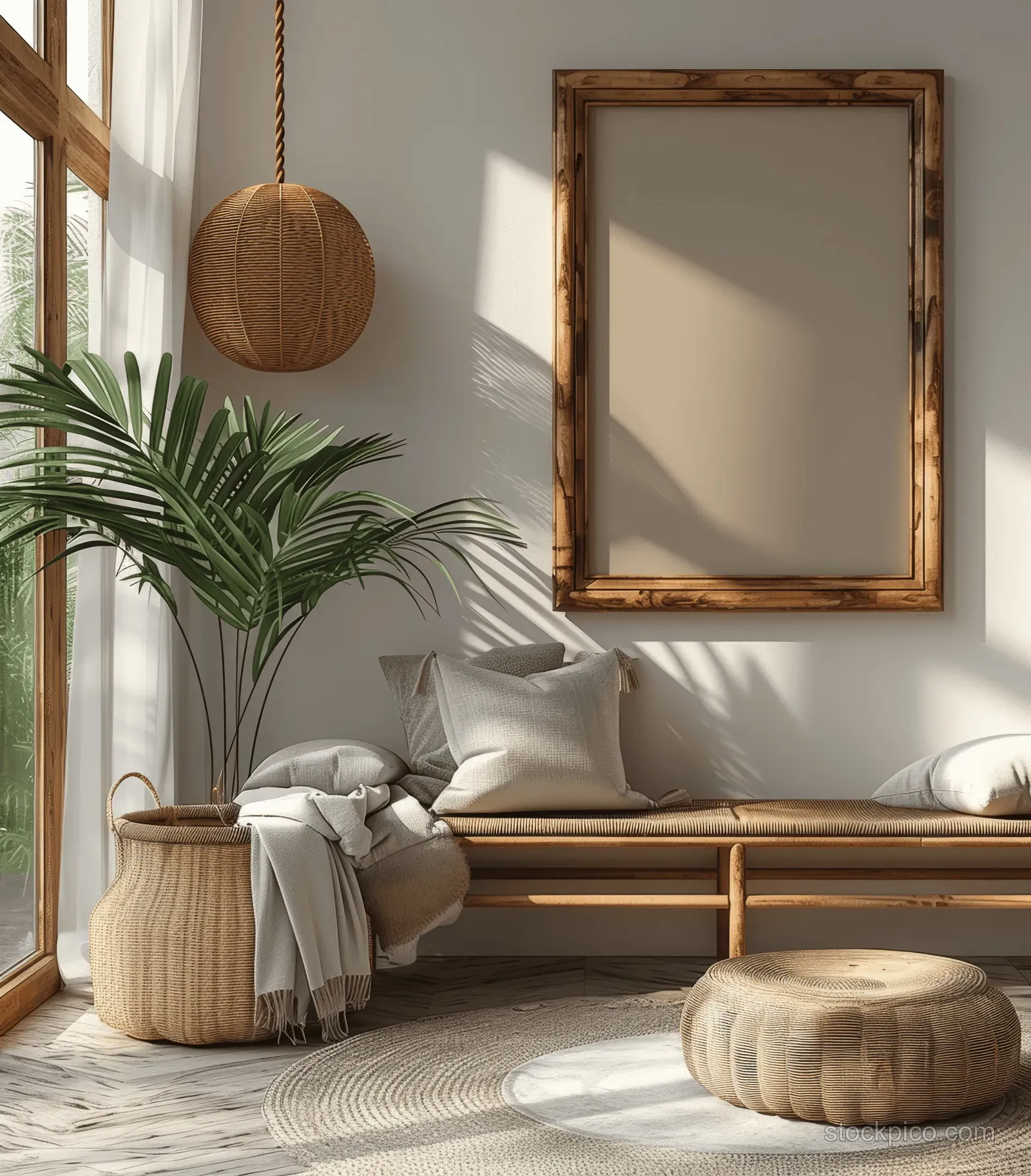 Sunlit coastal bedroom interior with a made bed, tropical palm plant by a window, and wooden-framed wall art.