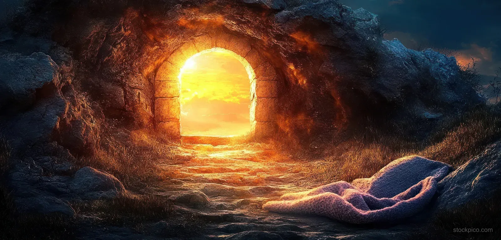 Sunrise light shines through an empty tomb entrance with a folded shroud and crucifixion-themed cross in front.