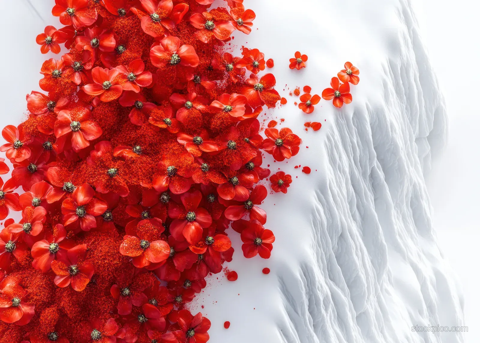 Red chili peppers and crushed spice seeds scattered on a clean white surface.