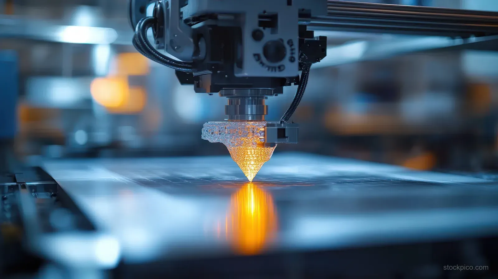 A focused laser beam melts metal powder in a 3D printer, creating a glowing molten track.