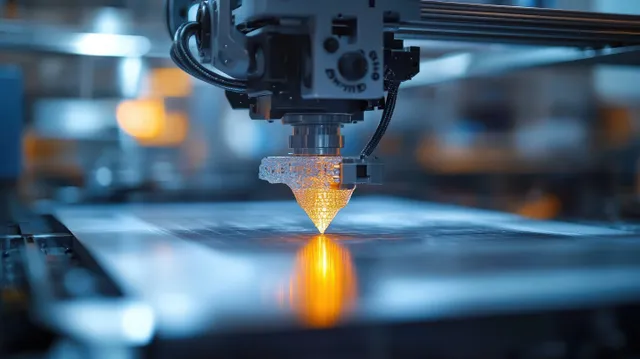 A focused laser beam melts metal powder in a 3D printer, creating a glowing molten track.
