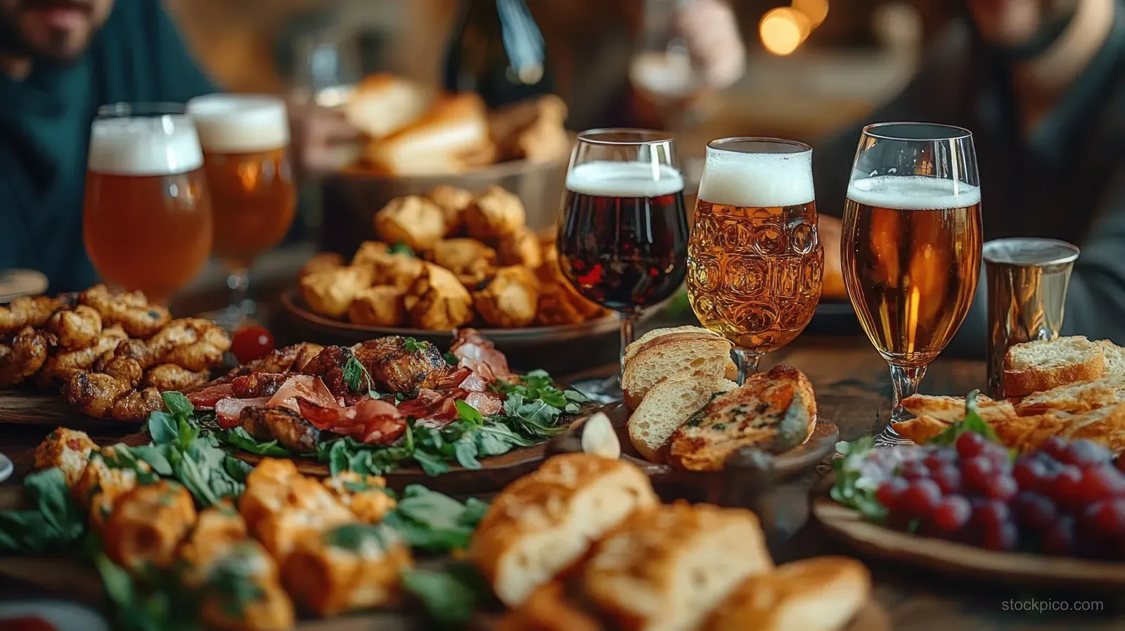 A wooden table holds appetizers and sliced bread beside filled beer glasses under warm indoor lighting.