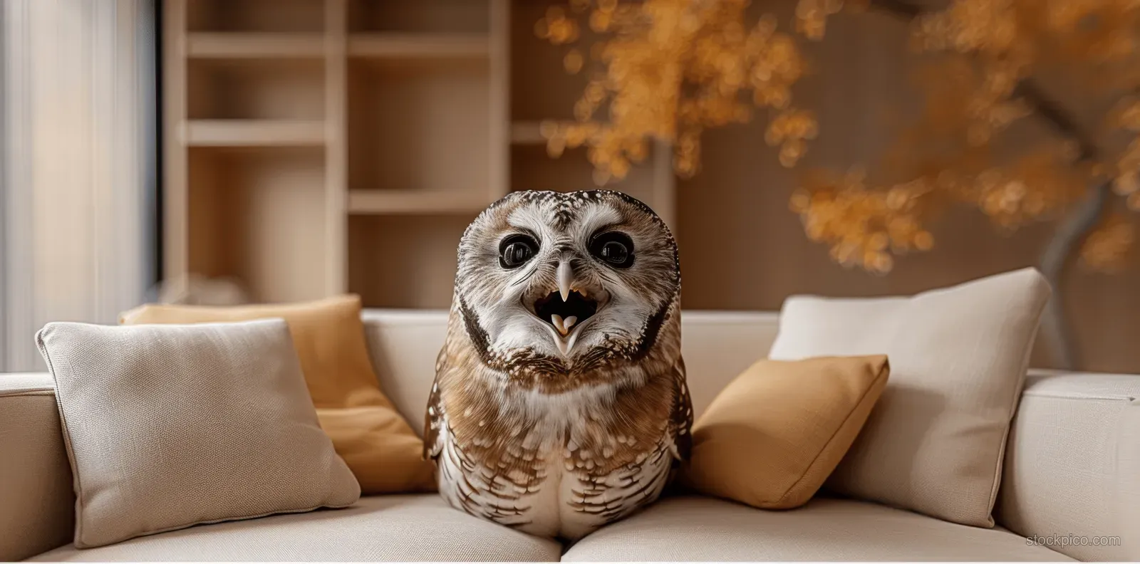 An owl with an open beak and wide eyes sits on a sofa in a cozy living room with warm light.
