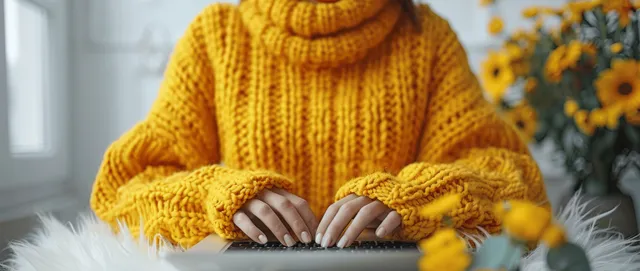 A woman in a yellow sweater types on a laptop at a home office desk.
