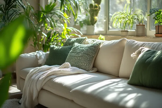 Technician steam-cleans a white sofa in a bright living room with green plants