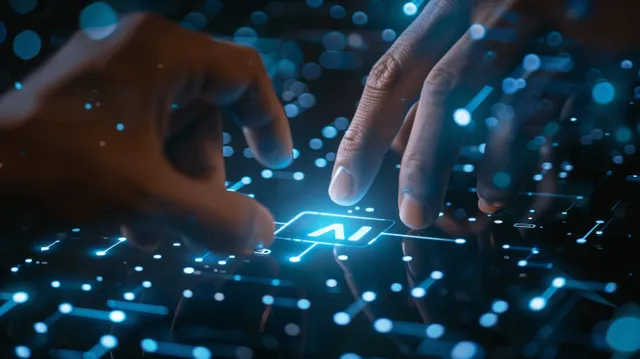Hands typing AI icon on virtual screen amid glowing cyber network particles