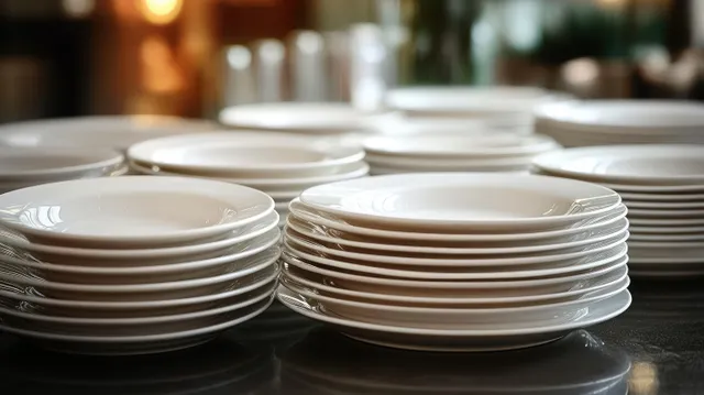 Stacked White Porcelain Plates on a Dark Kitchen Counter