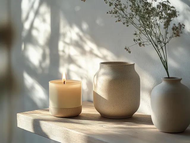 White scented candle in ceramic jar mockup on wooden ledge with soft sunlight