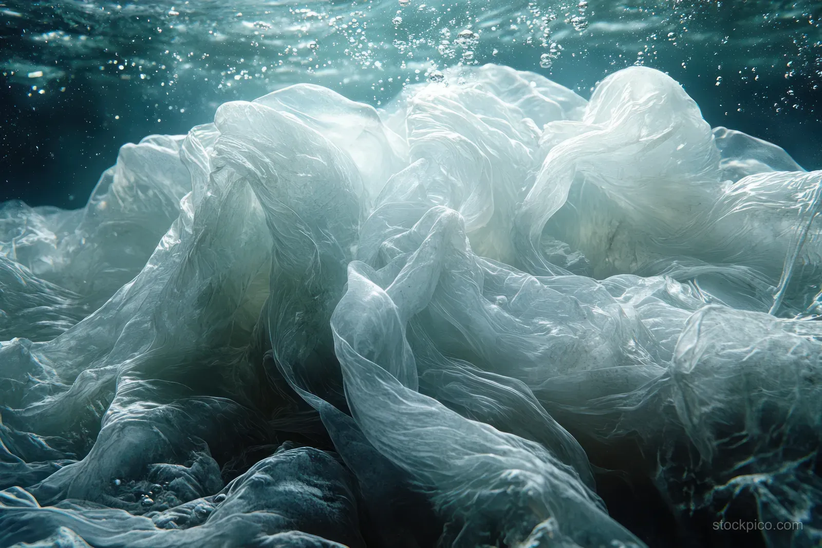 Plastic debris and an abandoned fishing net float and tangle in blue ocean water beneath the surface.