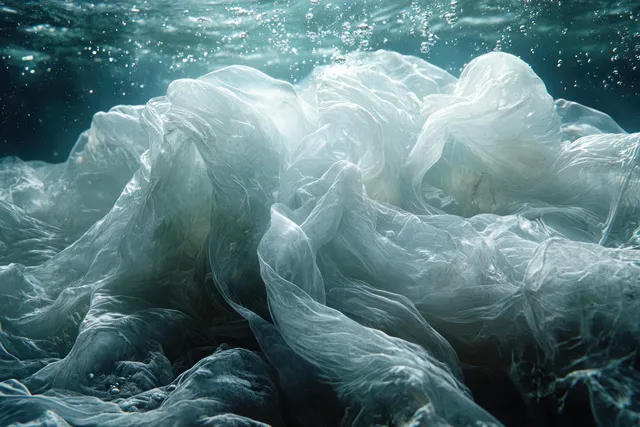 Plastic debris and an abandoned fishing net float and tangle in blue ocean water beneath the surface.