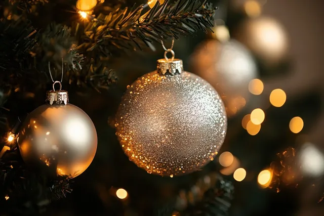 Glittery Christmas baubles hanging on dark pine branches with warm glowing bokeh lights