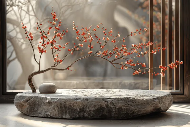 Stone podium with wooden branches and red blossoms in natural window light