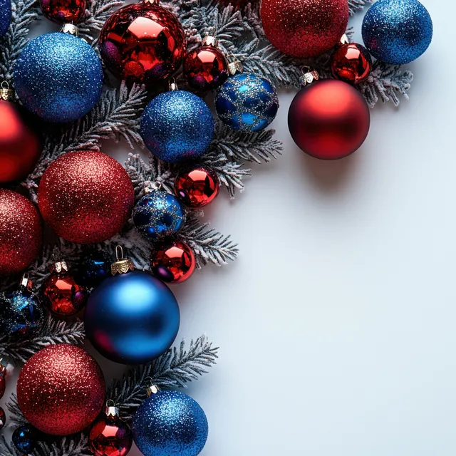 Red and Blue Christmas Ornaments Bordering White Background