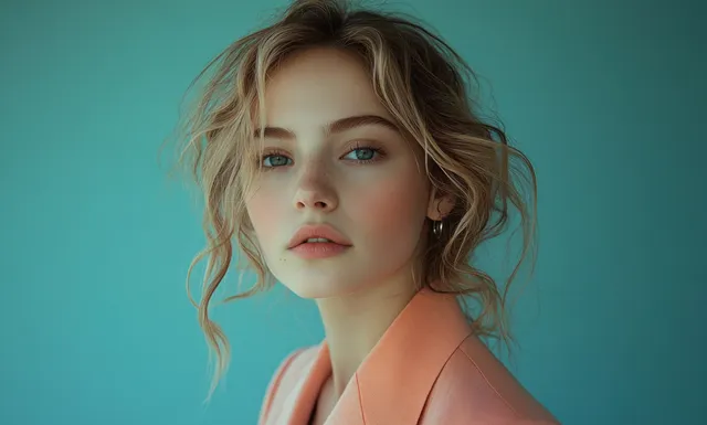 Young woman in a pastel pink blazer poses playfully in a minimal studio with a smooth blue background.