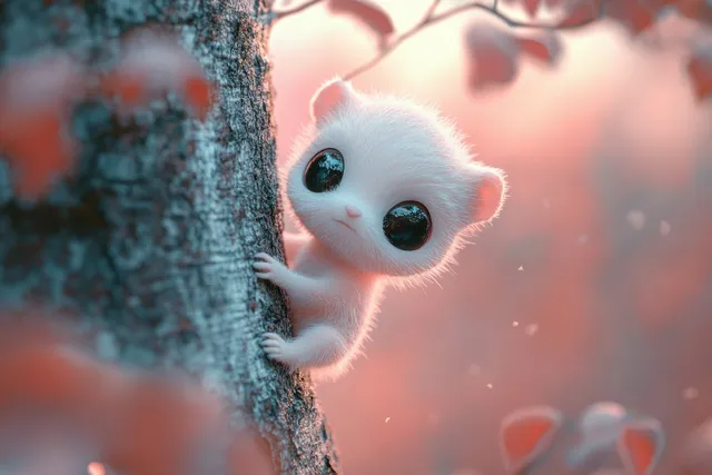 A tiny white furry creature clings to a tree trunk with large black eyes as pink and orange foliage blurs behind it.