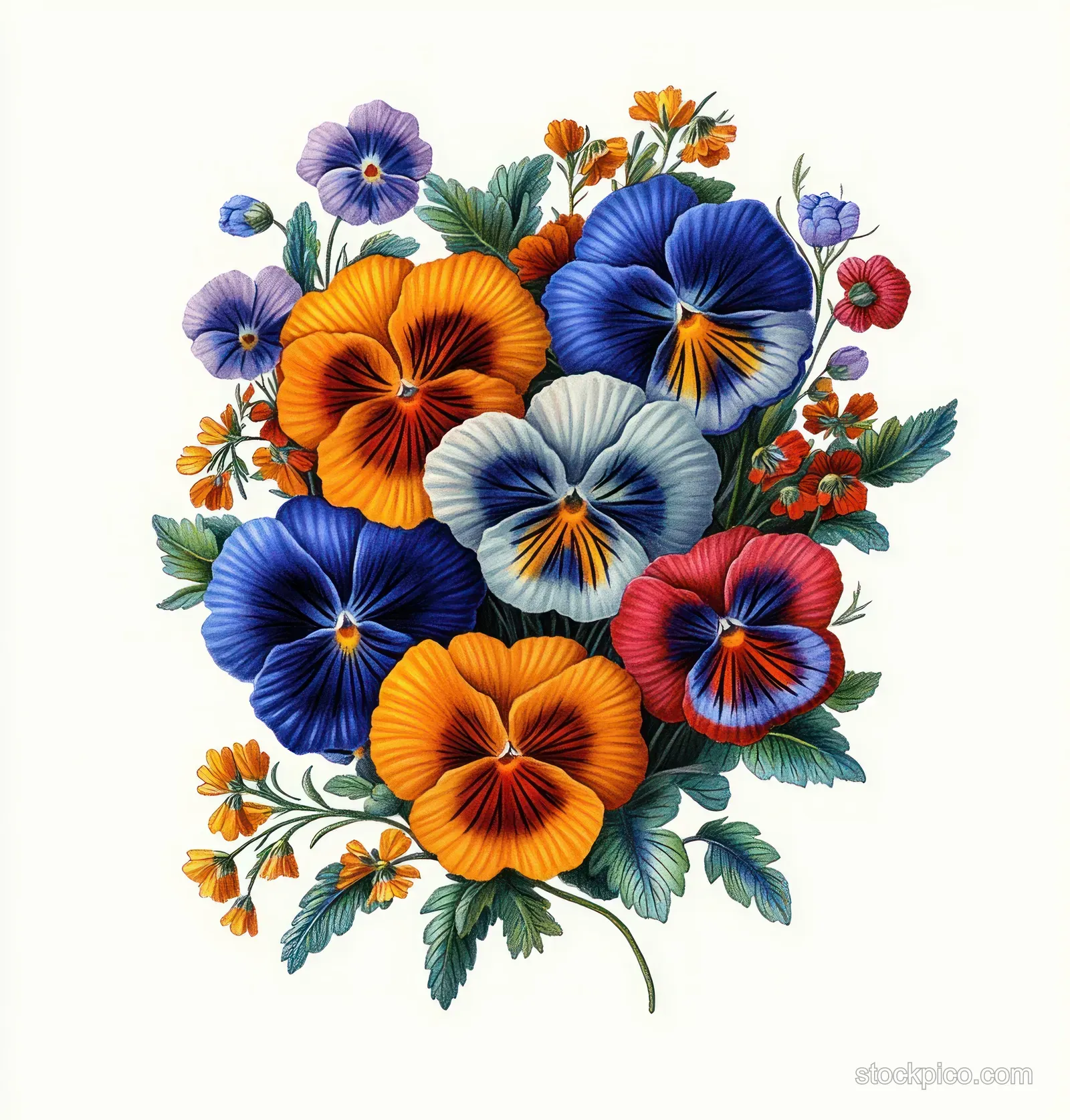 Colorful pansy bouquet with orange, blue, purple, red, and white blooms and green leaves on a white background.