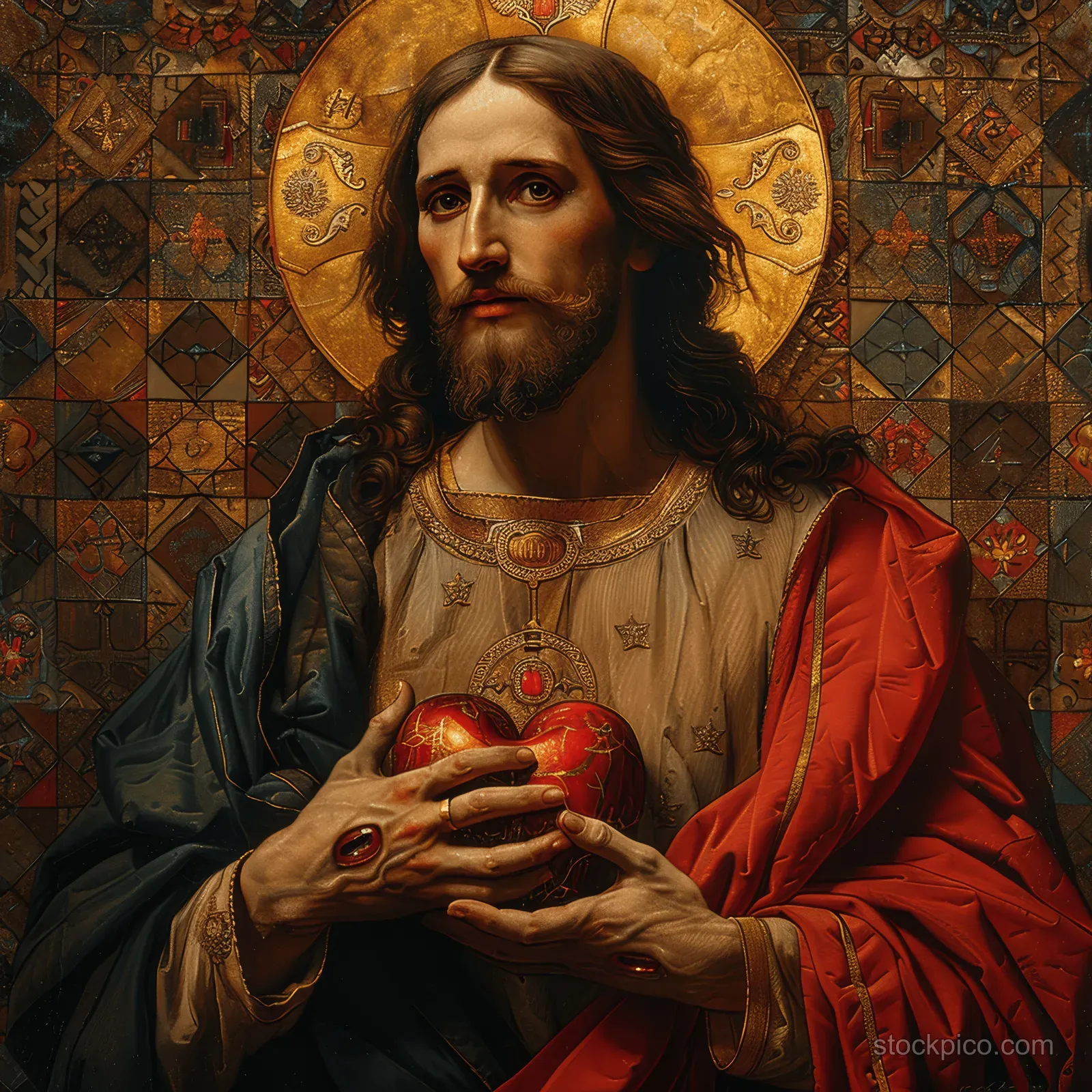 Red-robed figure holds a glowing Sacred Heart with radiant light and subtle flames in front of an ornate tapestry background.