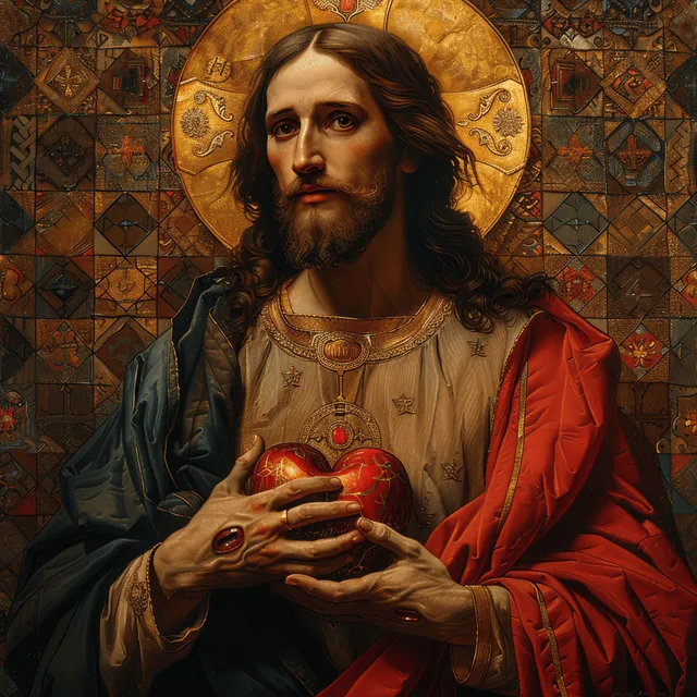 Red-robed figure holds a glowing Sacred Heart with radiant light and subtle flames in front of an ornate tapestry background.