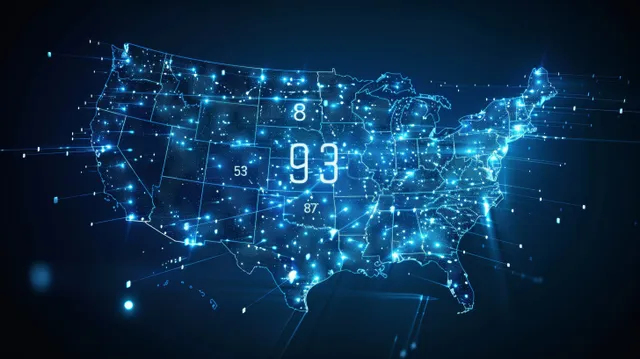 Glowing digital USA map with network lines transferring data across states