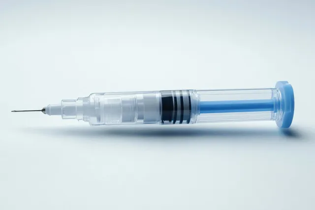 Transparent syringe with fine needle resting on white surface with clear plunger markings