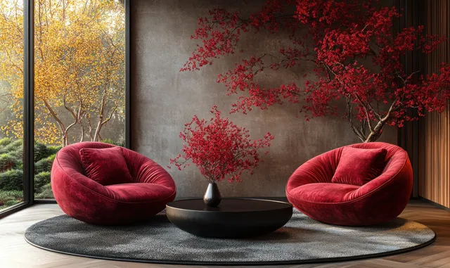 Two burgundy velvet armchairs face a black circular coffee table on a rug beside large windows with autumn and red tree views.