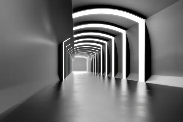A monochrome corridor with repeating lit arches and strong symmetrical perspective receding into the distance.