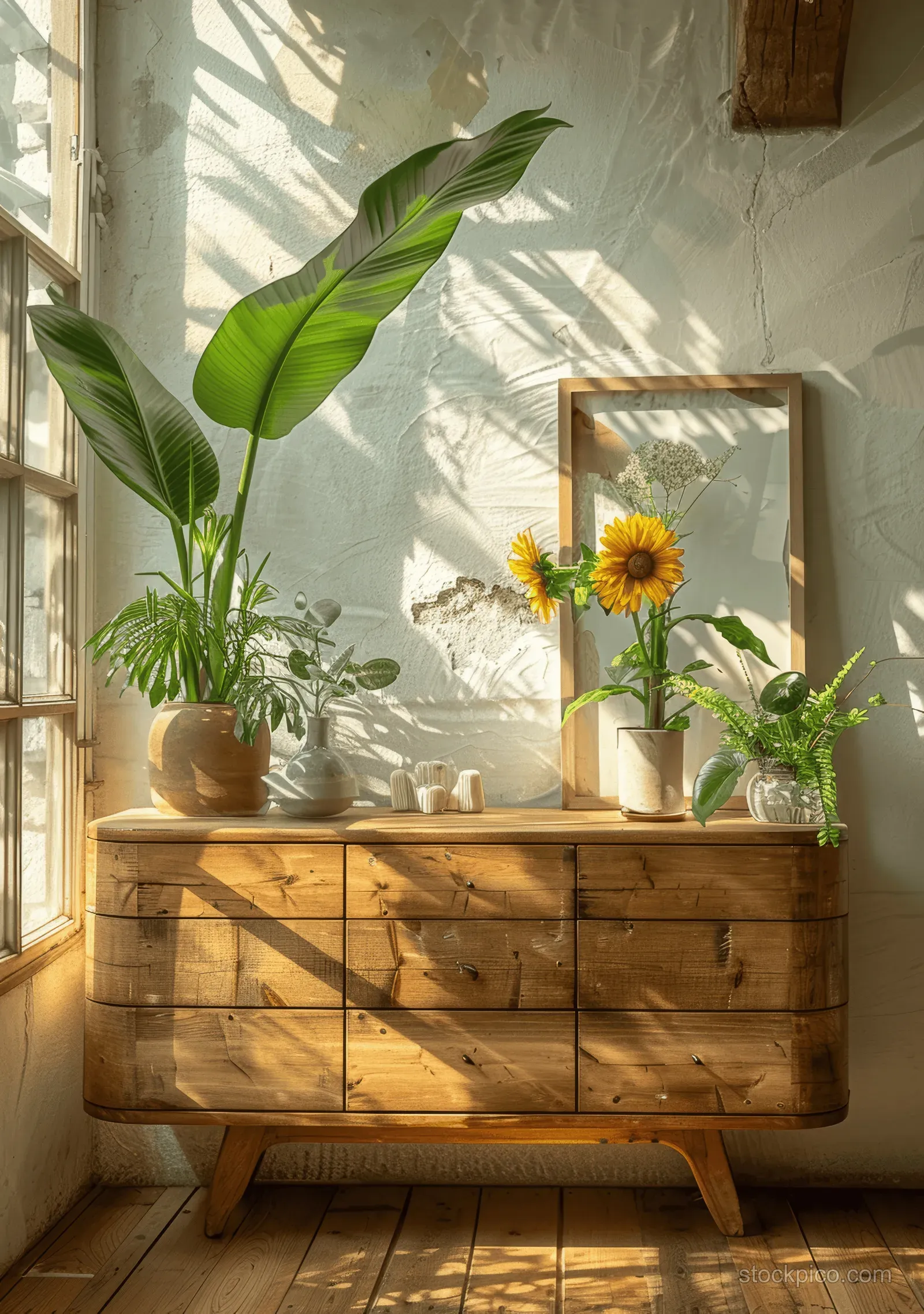 Light wood sideboard with plants and a sunflower on top, lit by sun rays through a coastal window.