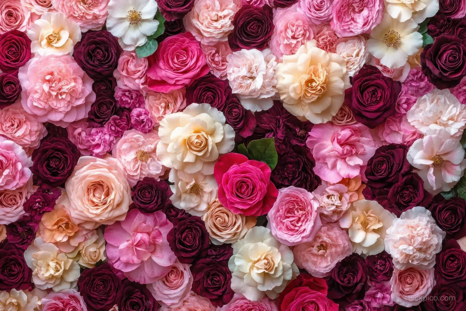 Close-up of roses and camellias with pink, white, cream, and burgundy petals forming a dense floral pattern.
