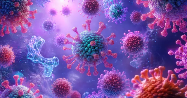Glowing microscopic viruses and bacteria float across a purple-blue background in a digital painting.