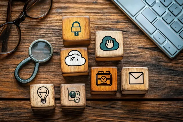 Wooden icon blocks for cloud and email security on a wooden desk with magnifying glass and computer keyboard.