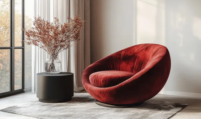 Burgundy velvet lounge chair beside a black side table with dried stems in a glass vase in a bright Scandinavian room.