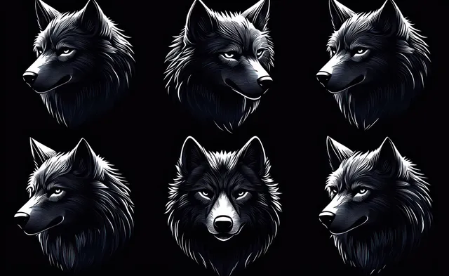 Six wolf head portraits with intense piercing eyes on a black background