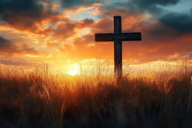A wooden cross stands in tall grass during an orange and blue sunset with sun rays and dramatic clouds.