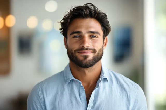 Cheerful young African man in blue shirt smiling during a softly lit indoor portrait