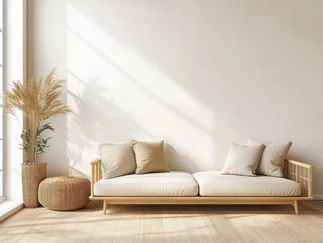Light Scandinavian sofa with beige cushions beside a cane table holding dried pampas grass in a sunlit minimalist living room.