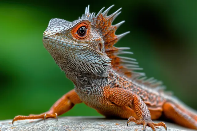 A colorful spiky lizard sits on a rock, its bright orange eye visible against a blurred green background.