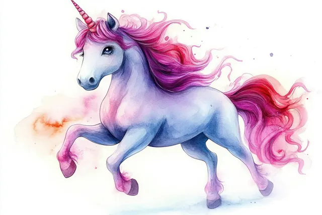 Unicorn prancing across a white background with flowing pink and purple mane