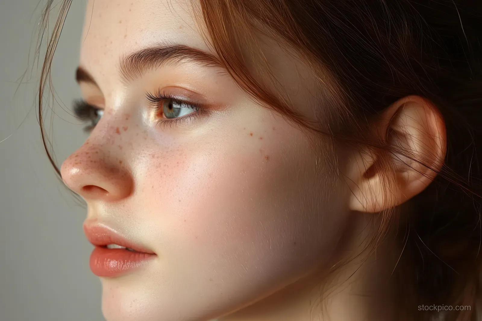 Young woman in side profile showing visible facial skin blemishes and a wart in soft light.