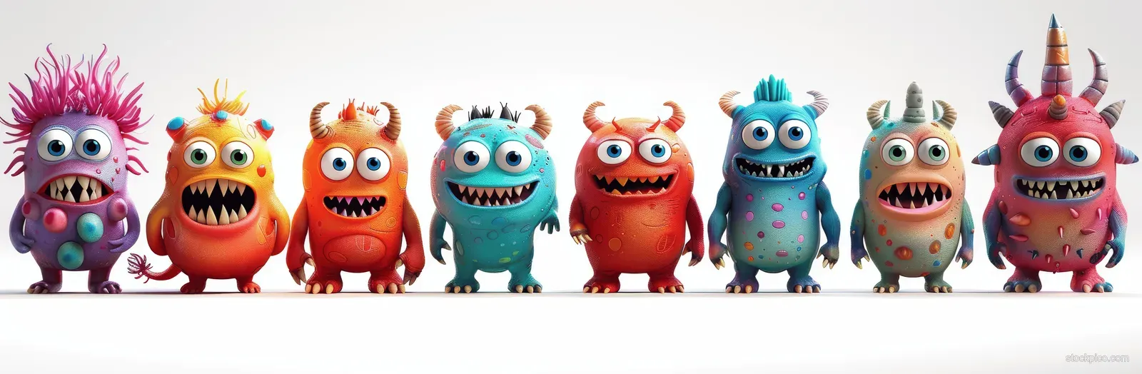 A lineup of colorful 3D cartoon monsters with big eyes and fangs stands on a white background.