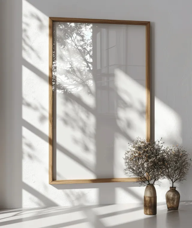 Slim wooden A3 frame mockup on white wall with window shadow reflections