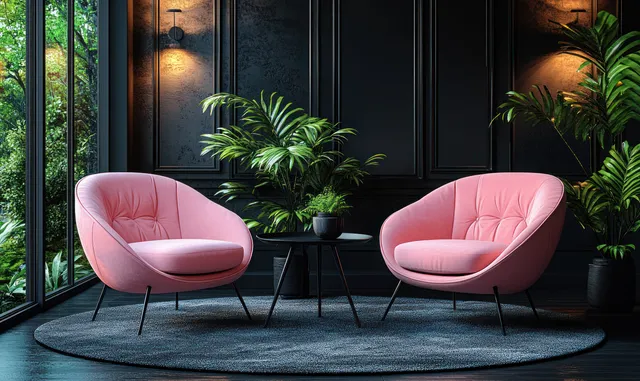 Minimalist Scandinavian living room with two pink armchairs and black side table