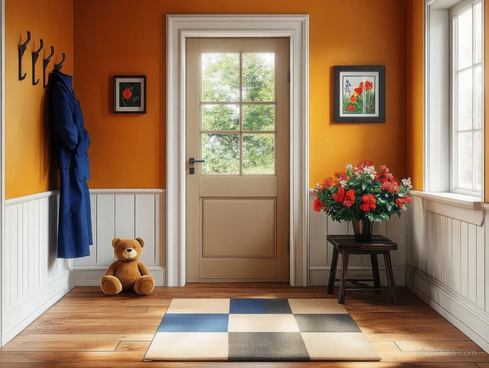 An orange entryway with a white door, teddy bear, blue coat, rug, and flowers.